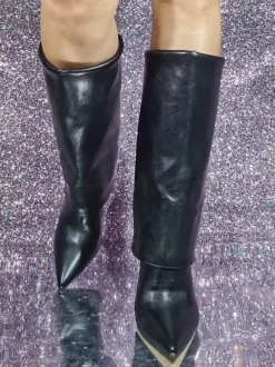 Bottes noires à talons hauts bout pointu chaussures bottine mi-mollet de grande taille