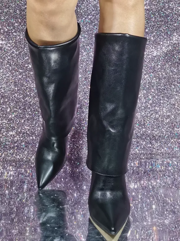 Bottes noires à talons hauts bout pointu chaussures bottine mi-mollet de grande taille