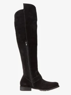 Bottes Plates En Daim Noires À Bout Rond Détail De Boucle Cuissardes