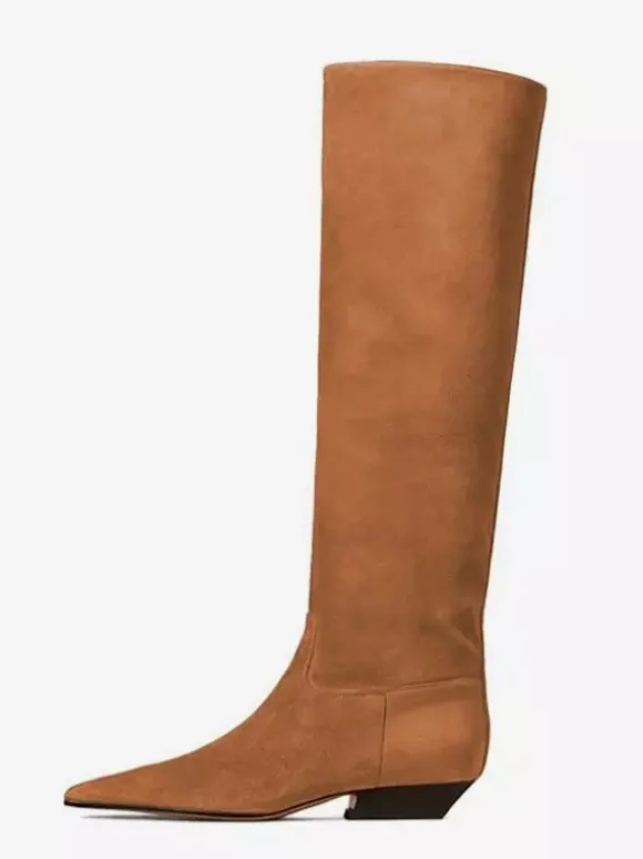 Bottes plates en daim pour femmes bottes hautes à bout carré