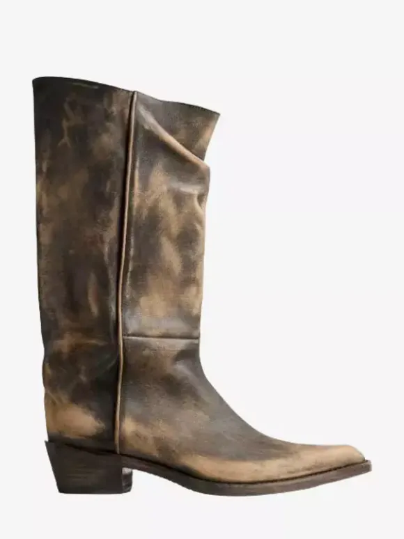 Bottes plates noires à bout pointu et froncées mi-mollet