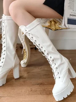 Bottes pour femmes Bottes mi-mollet blanches à bout rond 4 5 "Bottes à nouer