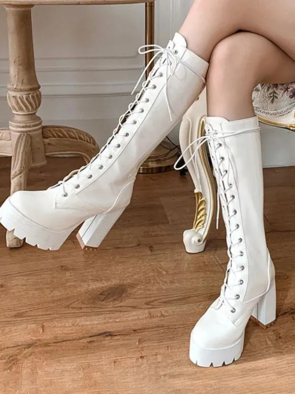 Bottes pour femmes Bottes mi-mollet blanches à bout rond 4 5 "Bottes à nouer