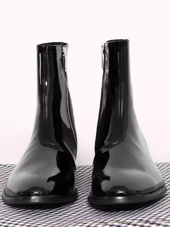 Bottes pour hommes noires vernies à bout pointu et talon bas bottes de bal à fermeture éclair en cuir