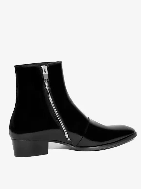 Bottes pour hommes noires vernies à bout pointu et talon bas bottes de bal à fermeture éclair en cuir
