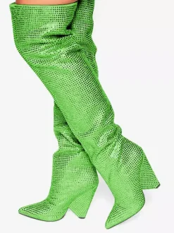 Bottes roses au-dessus du genou avec strass bout pointu talon compensé cuissardes chaussures de fête
