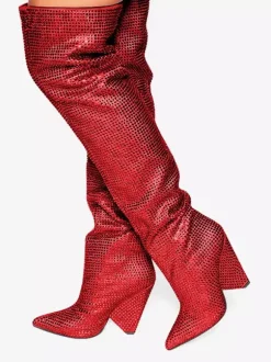 Bottes roses au-dessus du genou avec strass bout pointu talon compensé cuissardes chaussures de fête