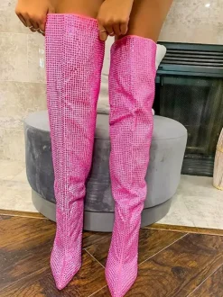 Bottes roses au-dessus du genou avec strass bout pointu talon compensé cuissardes chaussures de fête