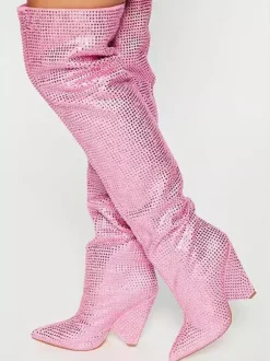 Bottes roses au-dessus du genou avec strass bout pointu talon compensé cuissardes chaussures de fête