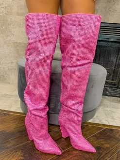 Bottes roses au-dessus du genou avec strass bout pointu talon compensé cuissardes chaussures de fête