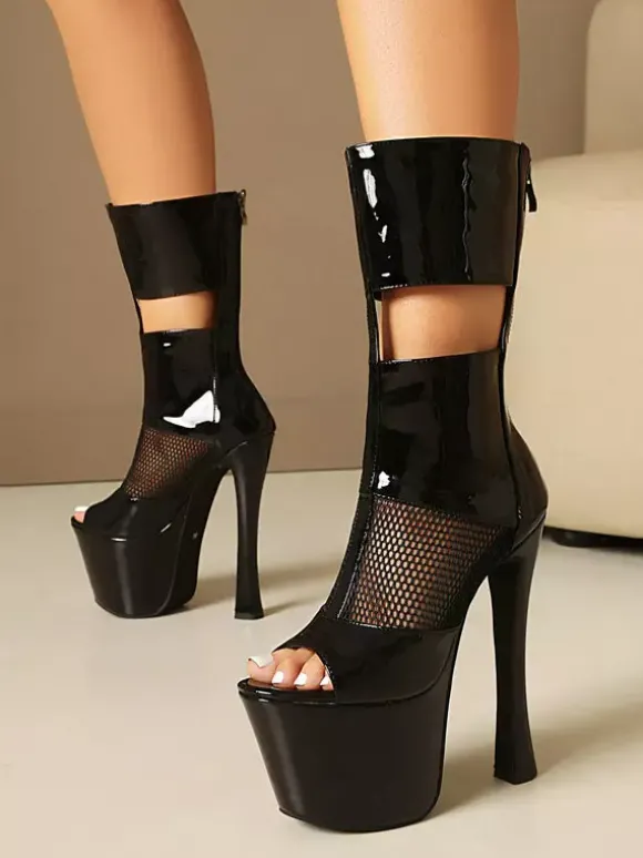 Bottes sandales noires sexy à plateforme et bout ouvert en maille patchwork zippée à talons hauts