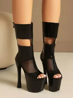 Bottes sandales noires sexy à plateforme et bout ouvert en maille patchwork zippée à talons hauts