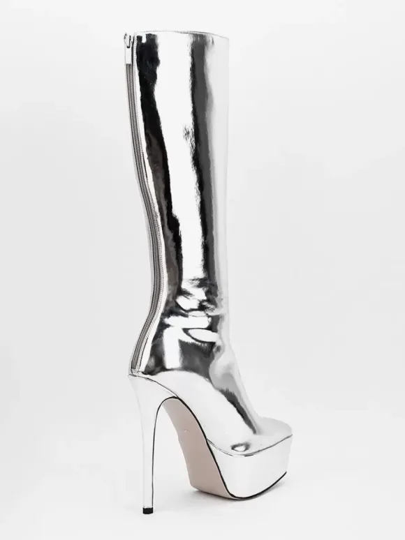 Bottes sexy argentées à plateforme bout pointu talon aiguille bottes mi-mollet pour femmes