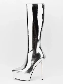 Bottes sexy argentées à plateforme bout pointu talon aiguille bottes mi-mollet pour femmes
