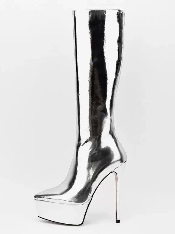 Bottes sexy argentées à plateforme bout pointu talon aiguille bottes mi-mollet pour femmes
