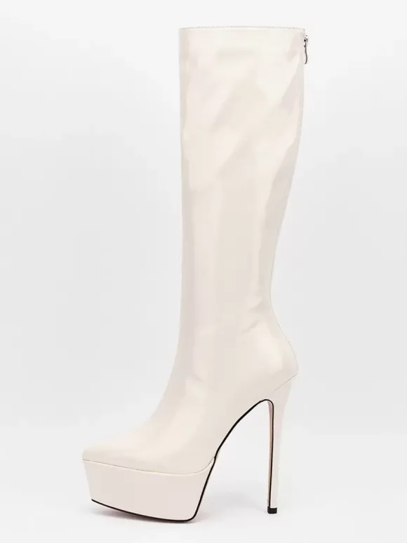 Bottes sexy argentées à plateforme bout pointu talon aiguille bottes mi-mollet pour femmes