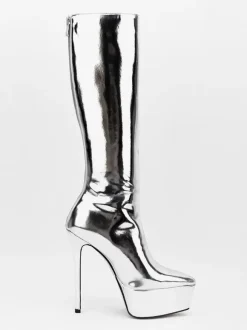 Bottes sexy argentées à plateforme bout pointu talon aiguille bottes mi-mollet pour femmes