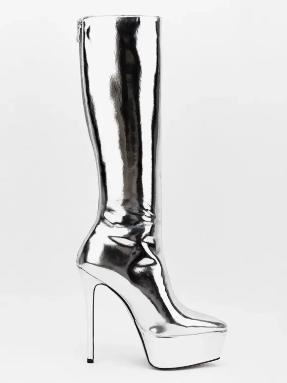 Bottes sexy argentées à plateforme bout pointu talon aiguille bottes mi-mollet pour femmes