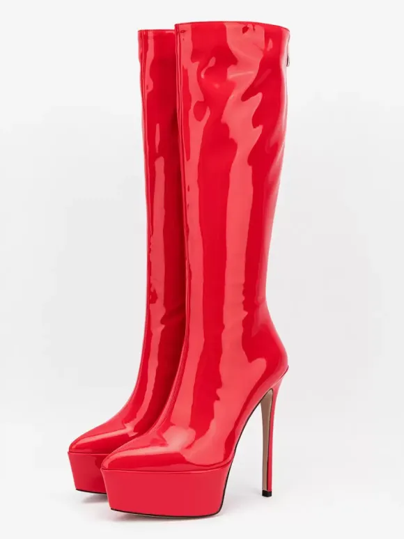 Bottes sexy argentées à plateforme bout pointu talon aiguille bottes mi-mollet pour femmes
