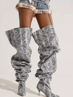 Bottes sexy en peau de serpent à mollet large à talons hauts bout pointu et souples montantes jusqu'au genou