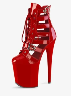 Bottes sexy grande taille bout rond fermeture éclair boucle illustration talon aiguille découpé chaussures de danse pôle