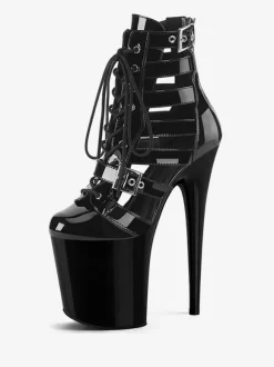 Bottes sexy grande taille bout rond fermeture éclair boucle illustration talon aiguille découpé chaussures de danse pôle