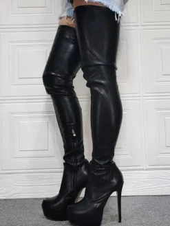 Bottes sexy noires femmes plate-forme talon aiguille cuissardes grande taille sur les bottes au genou