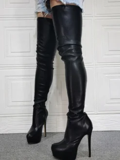 Bottes sexy noires femmes plate-forme talon aiguille cuissardes grande taille sur les bottes au genou