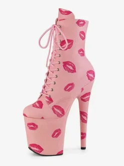 Bottes sexy pour femmes à bout rond à lacets et talons aiguilles pour pole dance bottes hautes roses au-dessus du genou