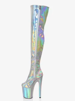 Bottes sexy pour femmes plateforme métallique bout rond talon haut cuissardes