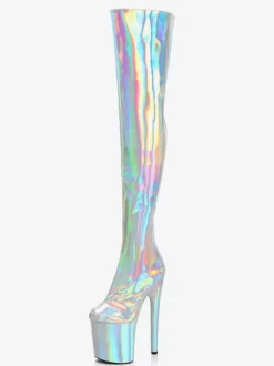 Bottes sexy pour femmes plateforme métallique bout rond talon haut cuissardes