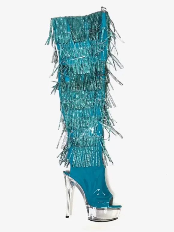 Bottes sexy pour femmes plateforme bout ouvert fermeture éclair talon aiguille bottes hautes pour club de rave avec strass et pompons