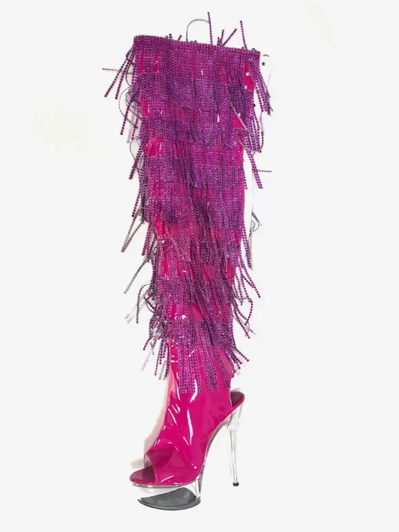 Bottes sexy pour femmes plateforme bout ouvert fermeture éclair talon aiguille bottes hautes pour club de rave avec strass et pompons
