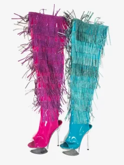 Bottes sexy pour femmes plateforme bout ouvert fermeture éclair talon aiguille bottes hautes pour club de rave avec strass et pompons