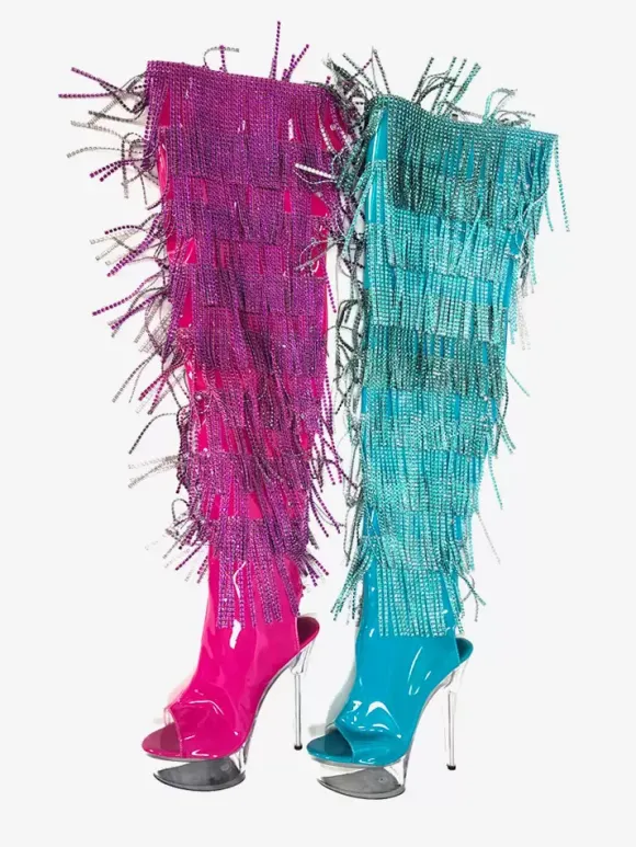 Bottes sexy pour femmes plateforme bout ouvert fermeture éclair talon aiguille bottes hautes pour club de rave avec strass et pompons