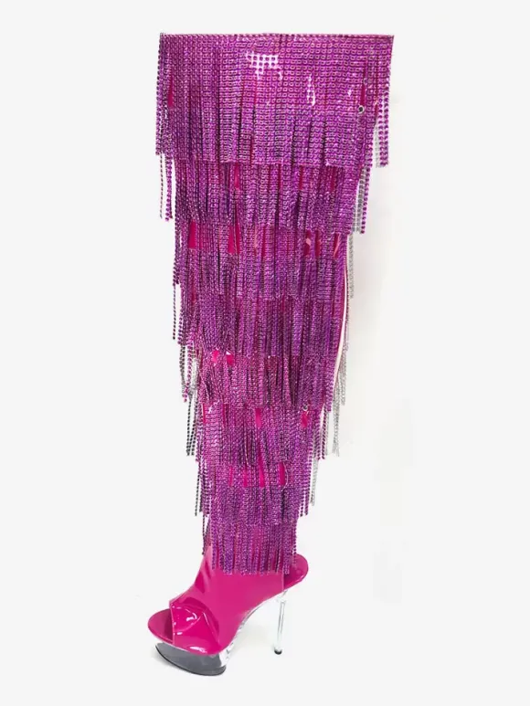 Bottes sexy pour femmes plateforme bout ouvert fermeture éclair talon aiguille bottes hautes pour club de rave avec strass et pompons