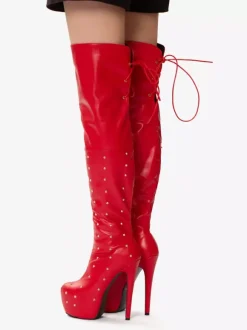 Bottes sexy pour femmes à plateforme bout ouvert talons hauts perlés bottes au-dessus du genou