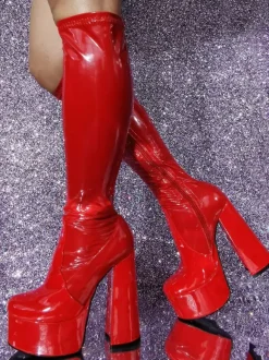 Bottes sexy rouges à plateforme en PU verni et talon épais unisexe GO GO