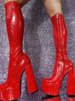 Bottes sexy rouges à plateforme en PU verni et talon épais unisexe GO GO