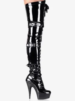 Bottes sexy à talons hauts bout rond boucle à lacets talon aiguille Rave Club cuissardes noires sur les bottes au genou