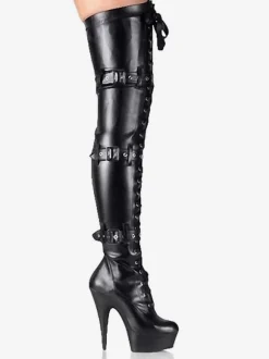 Bottes sexy à talons hauts bout rond boucle à lacets talon aiguille Rave Club cuissardes noires sur les bottes au genou