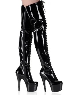 Bottes sexy à talons hauts bout rond à lacets fermeture éclair talon aiguille Rave Club cuissardes noires sur les bottes au genou