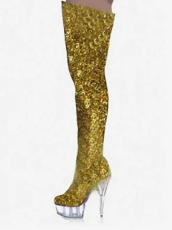 Bottes sexy à talons hauts bout rond fermeture éclair paillettes à pois talon aiguille Rave Club cuissardes cuissardes noires