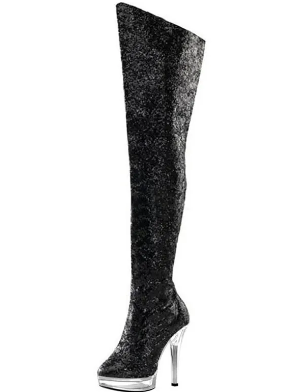 Bottes sexy à talons hauts bout rond fermeture éclair paillettes à pois talon aiguille Rave Club cuissardes argent sur les bottes au genou