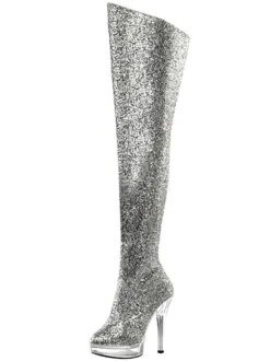 Bottes sexy à talons hauts bout rond fermeture éclair paillettes à pois talon aiguille Rave Club cuissardes argent sur les bottes au genou