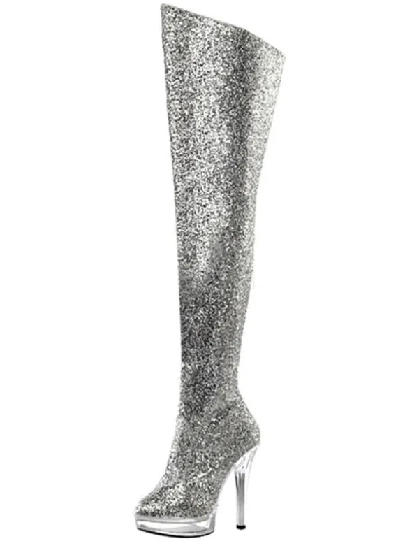 Bottes sexy à talons hauts bout rond fermeture éclair paillettes à pois talon aiguille Rave Club cuissardes argent sur les bottes au genou