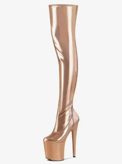 Bottes sexy à talons hauts Fermeture à glissière à bout rond Détails en métal Talon aiguille géométrique Rave Club Cuissardes Cuissardes argentées Cuissardes