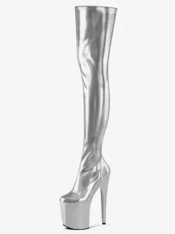 Bottes sexy à talons hauts Fermeture à glissière à bout rond Détails en métal Talon aiguille géométrique Rave Club Cuissardes Cuissardes argentées Cuissardes