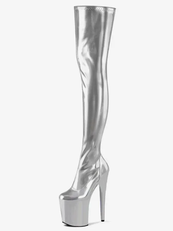 Bottes sexy à talons hauts Fermeture à glissière à bout rond Détails en métal Talon aiguille géométrique Rave Club Cuissardes Cuissardes argentées Cuissardes
