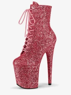 Bottes sexy à talons hauts Rose rouge bout rond fermeture éclair paillettes géométrique talon aiguille Rave Club cuissardes